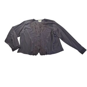 Voir Collection 20W‎ Womens Blouse Dark Purple Embroidered Lace Button Front Top